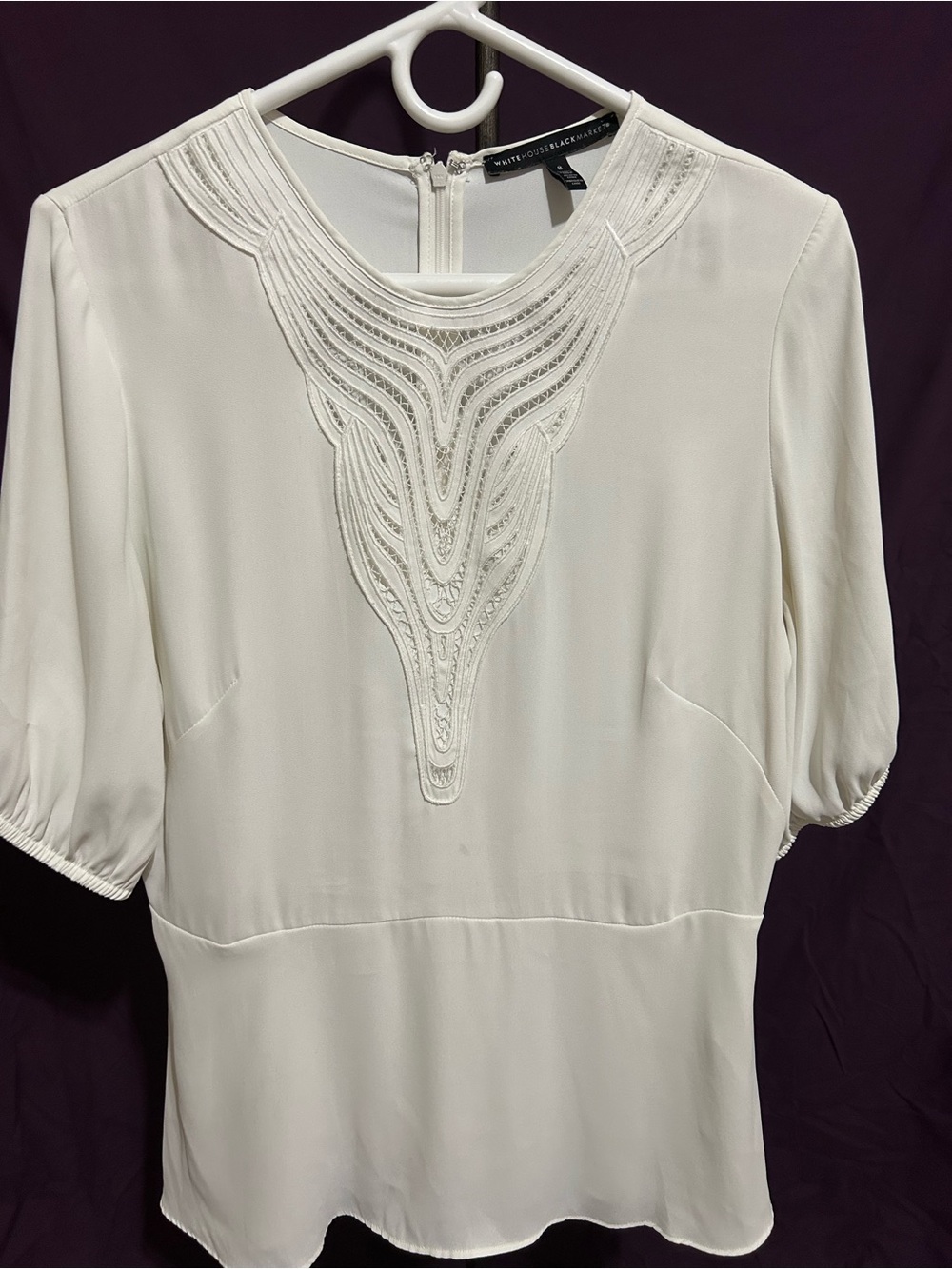 White House Black Market Cream Embroidered Neck Blouse